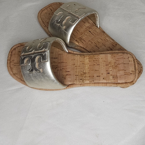 Tory Burch Gold and Silver Metallic Sandals with Cork Sole - Picture 2 of 8